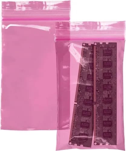 Bolsas ESD rosadas semitransparentes que permiten visualizar los componentes dentro