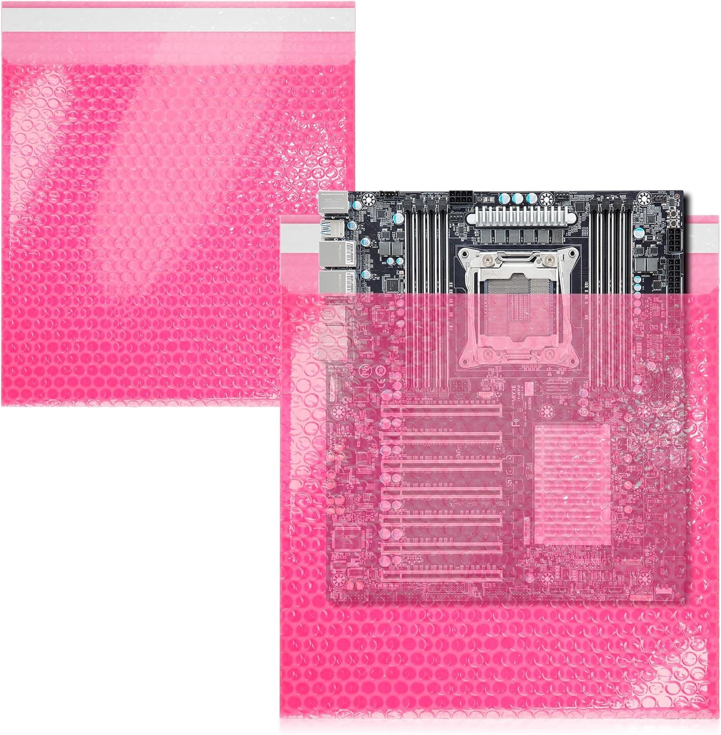 Placa base de computadora protegida por una bolsa de burbuja ESD rosa de PREMCO, mostrando una protección efectiva contra descargas electrostáticas.