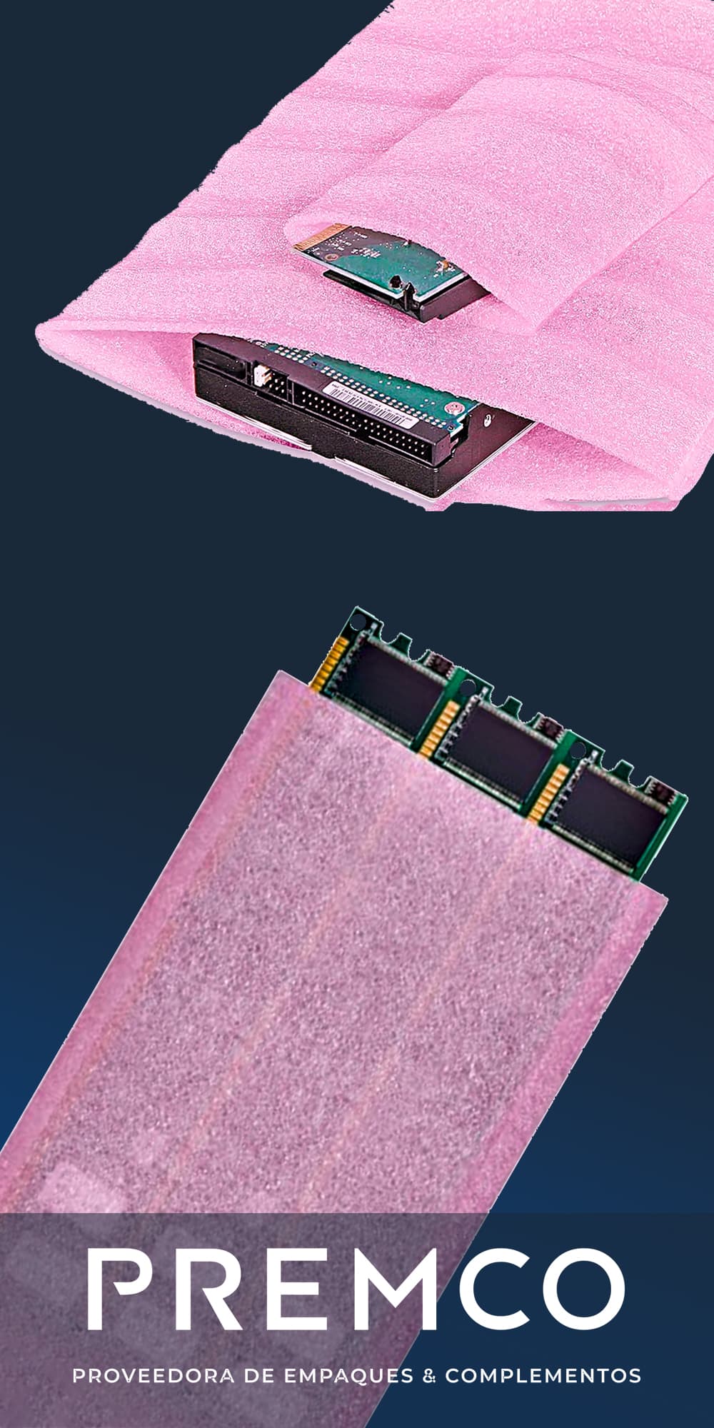Bolsas de FOAM protegiendo componentes electrónicos